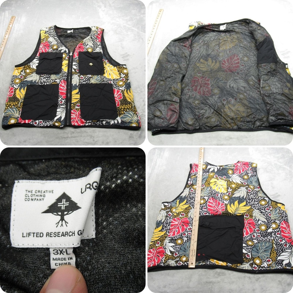 LRG Vest Mens 3XL Black Floral Pockets Mesh Lined Full Zip Tropic Roots Outdoor